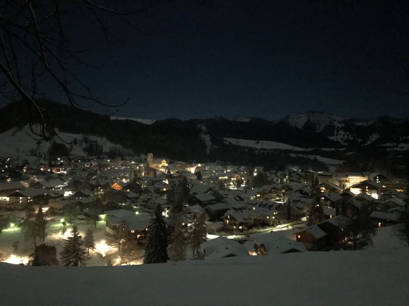 Panoramablick auf Oberstaufen in einer Vollmondnacht im Winter
